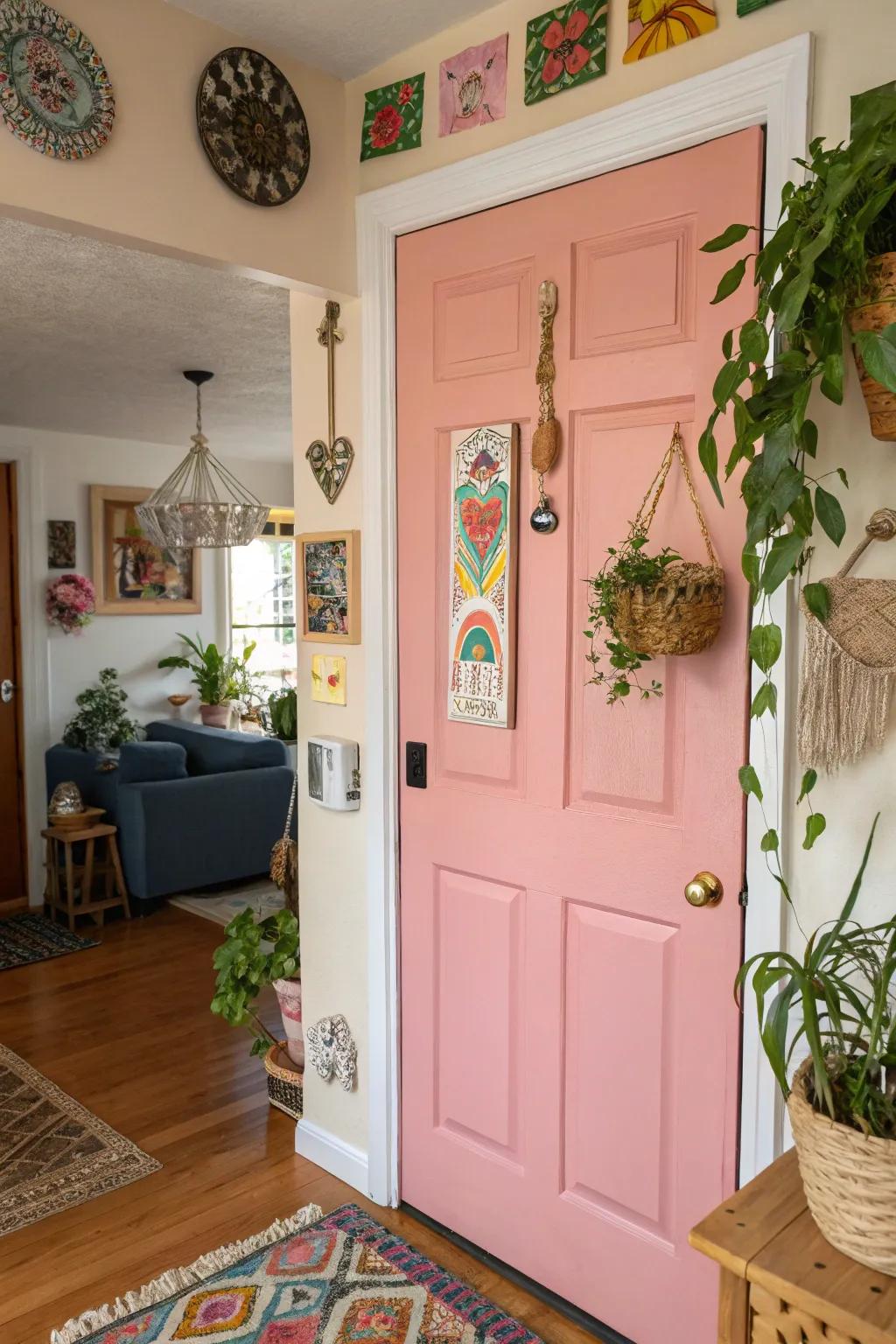 A playful rose door adding charm to the entryway.
