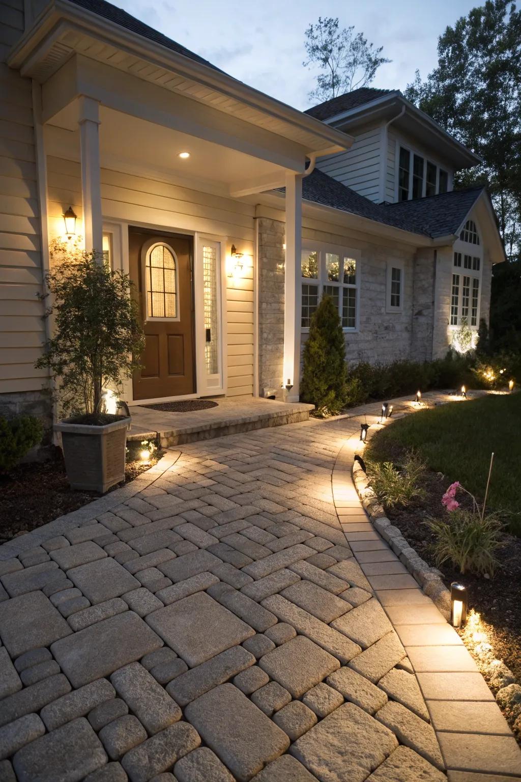Subtle lighting adds warmth to this fitted stone entrance path.