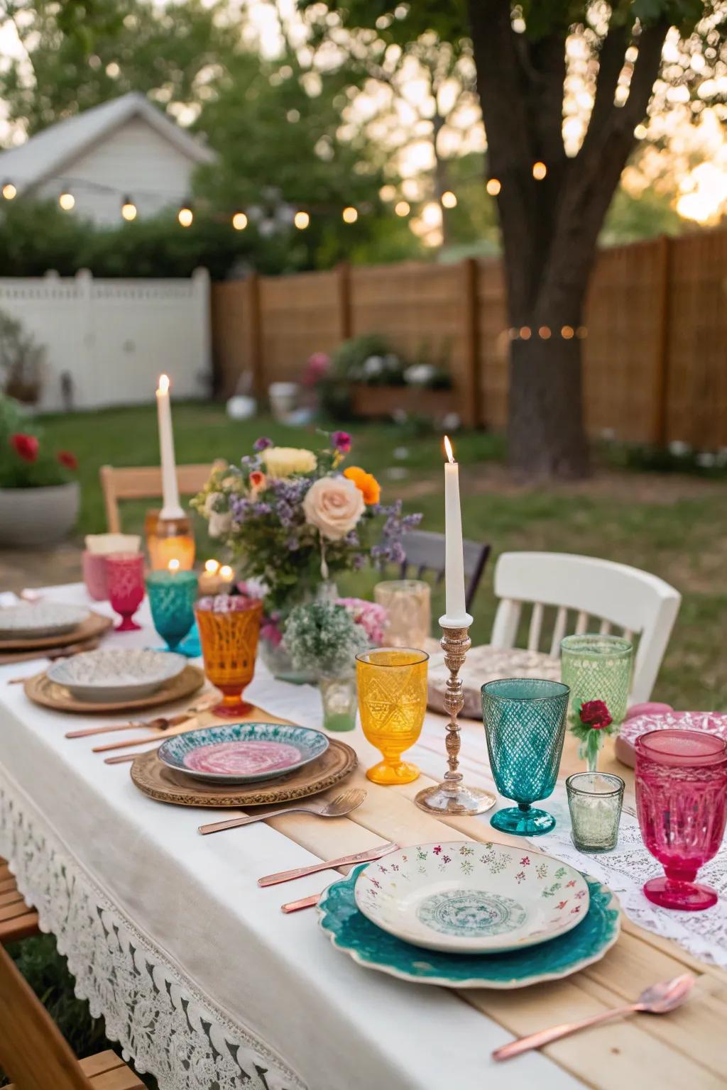 Eclectic vintage tableware contributes charm to a backyard reception.
