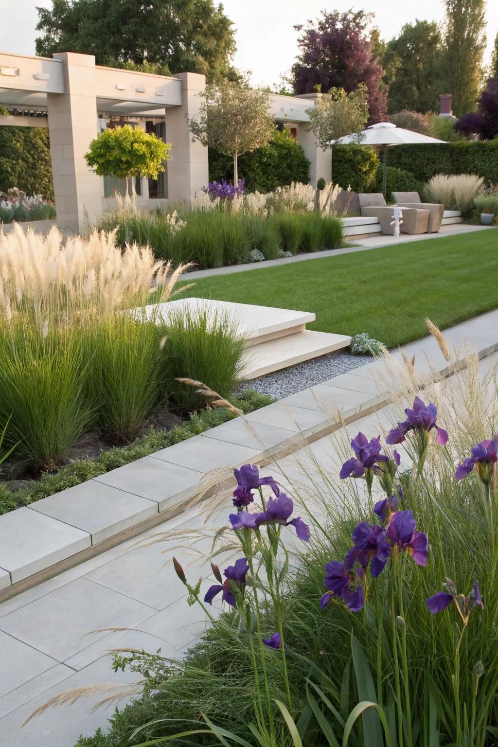 A modern garden style showcasing irises and decorative grasses.