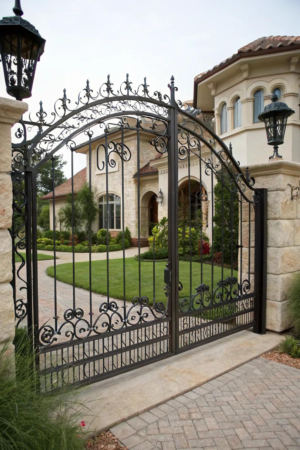 A forged iron entrance perfectly matching the home's construction.