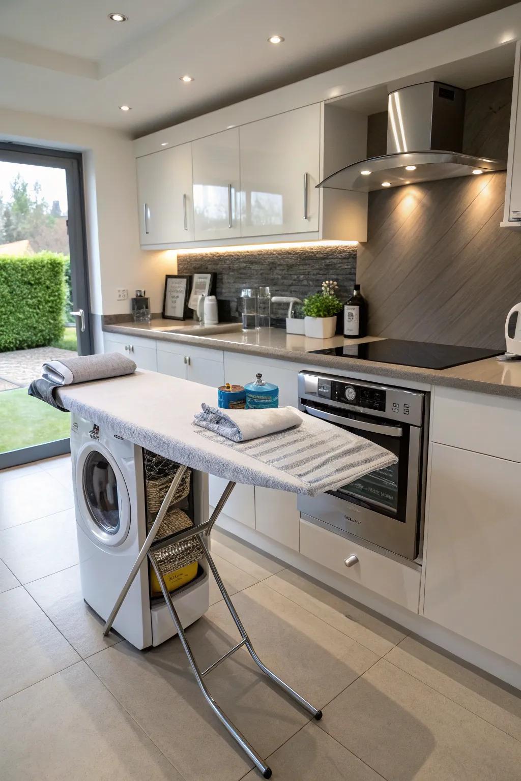 An under-counter ironing surface complements a contemporary kitchen.