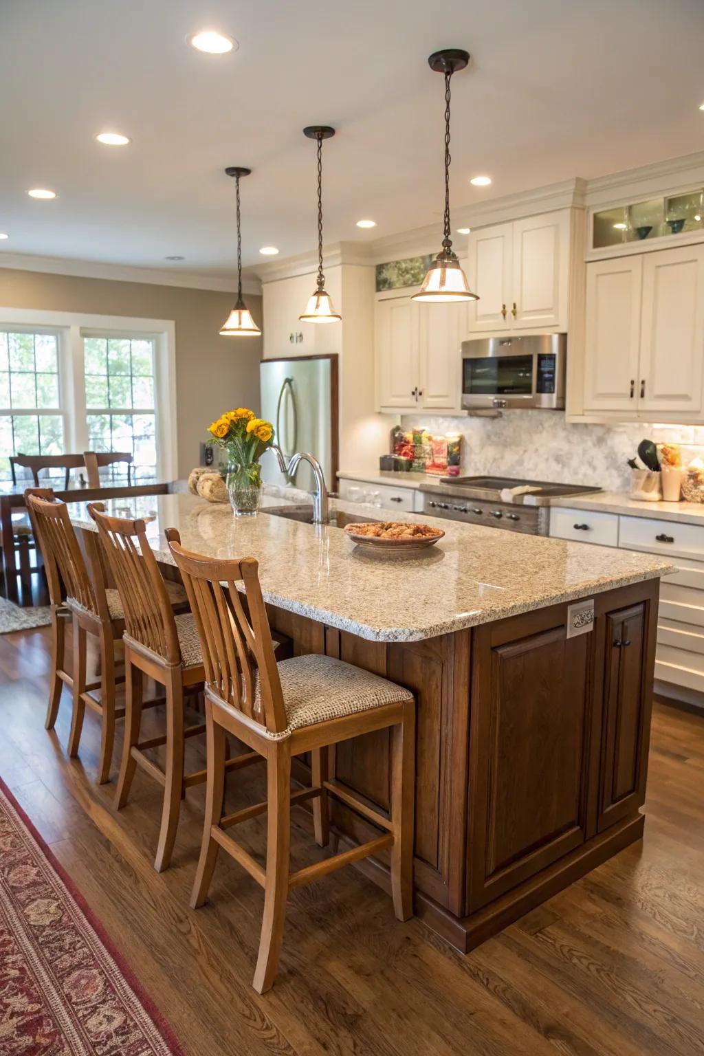 An extended countertop, offering additional seating and enhanced interaction within the kitchen space.