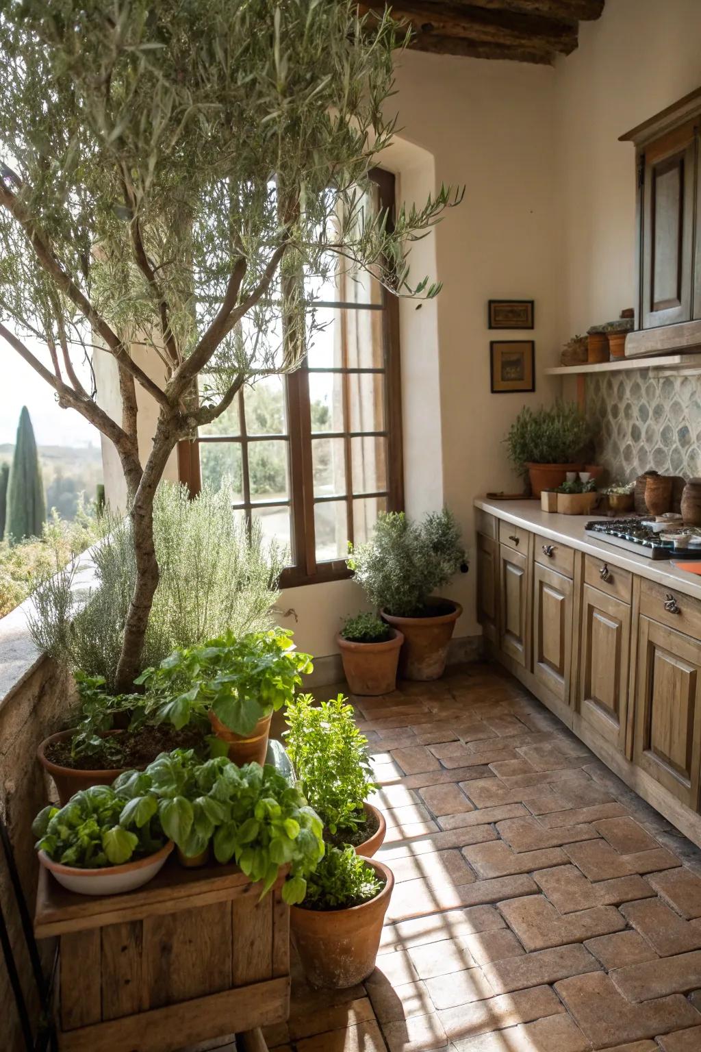 Nature-themed touches like potted herbs bring freshness.