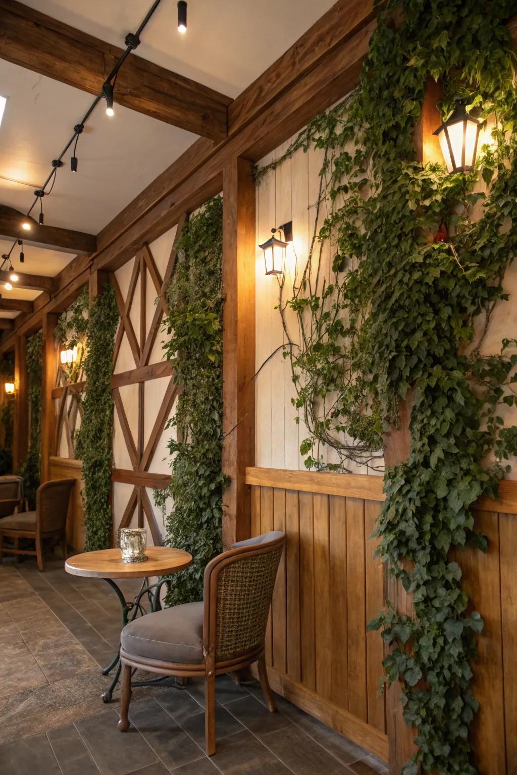 A country green wall harmonized with wood accents, contributing warmth and allure.