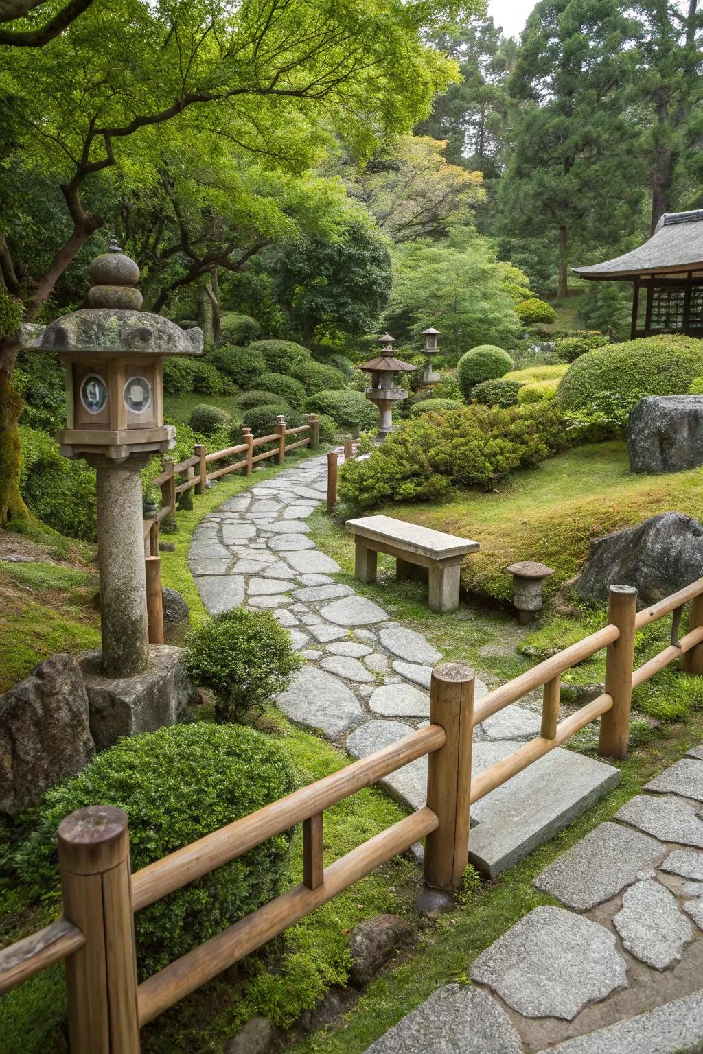 Wooden fences and seating spaces within a Japanese garden.