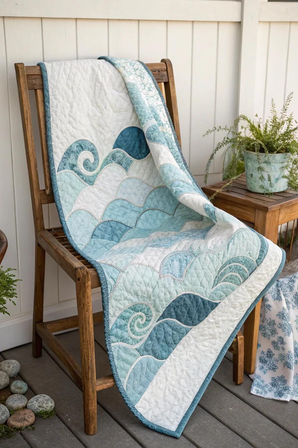 Embrace the serenity of the sea through this Coastal Breakers quilt design, a flawless fusion of minimalist splendor and boho aesthetics.