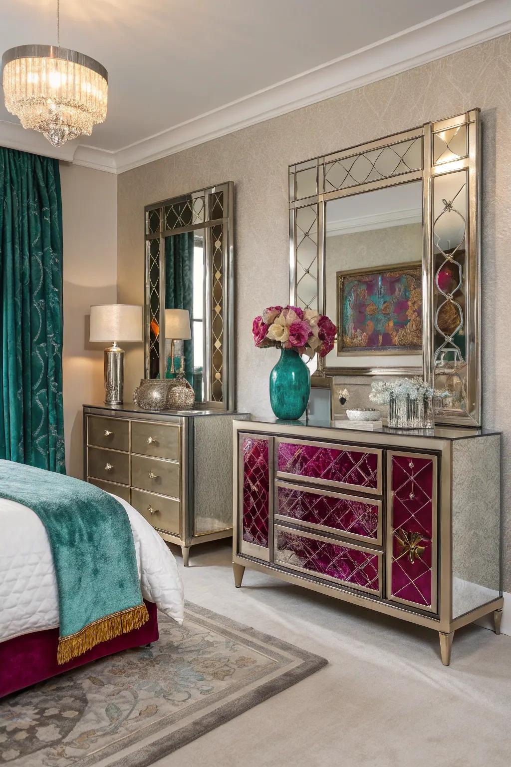 Mirrored furniture magnifies jewel tones and gives the impression of broader space.