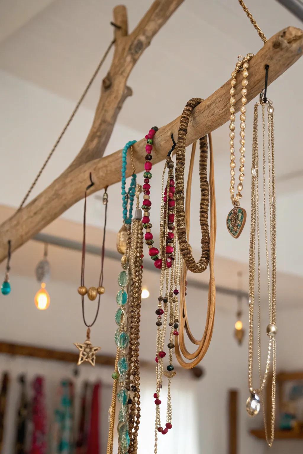 A suspended branch employed for jewelry display