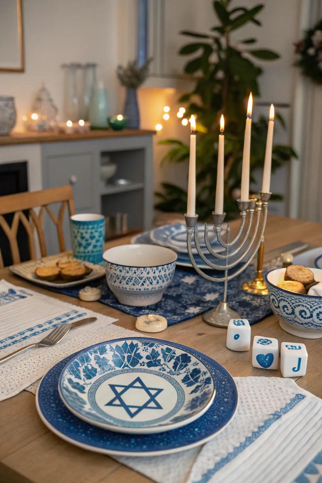 A Hanukkah-themed table setting bestowing festivity upon everyday dining.