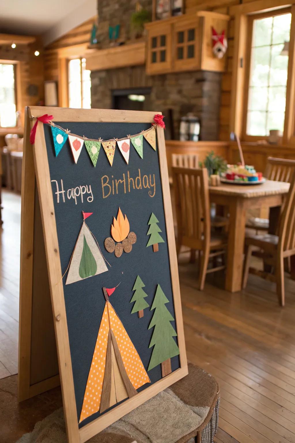 An adventurous camping-themed birthday board, perfect for July celebrations.