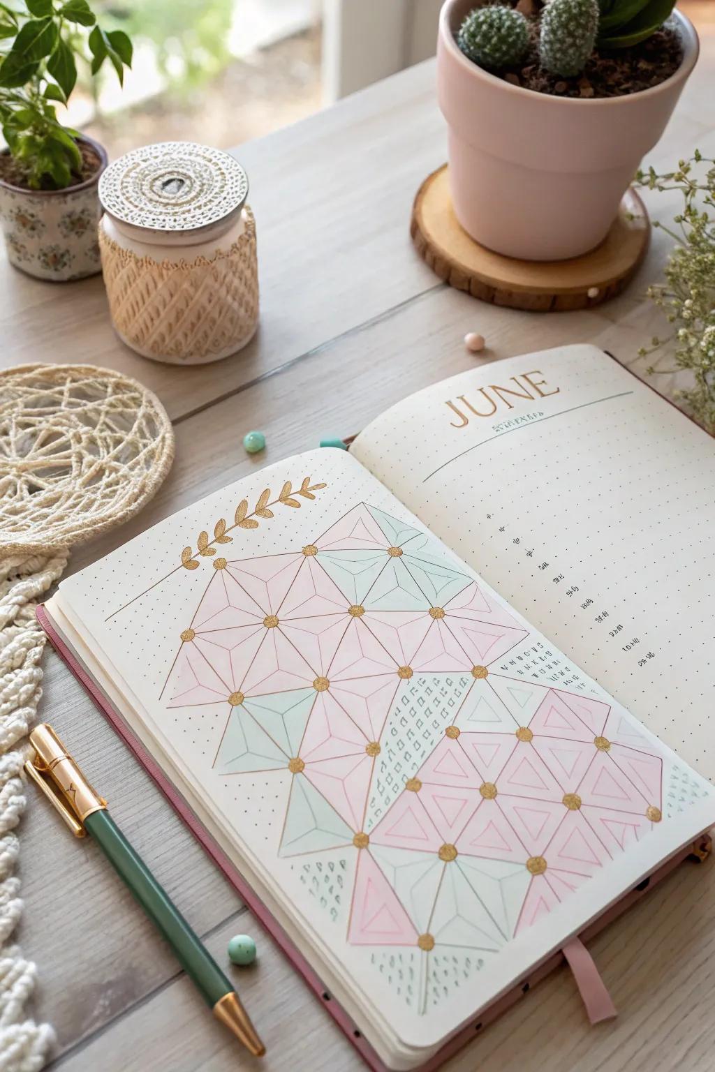 Celebrate minimalism and sophistication with symmetrical designs adorning the face of your June journal.