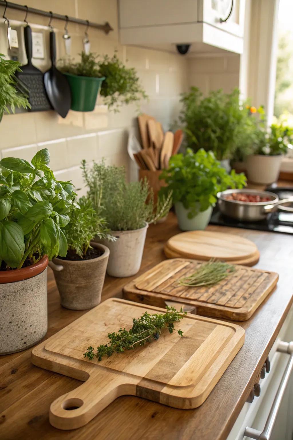 Chopping surfaces and greenery combine to create a refreshing kitchen display.