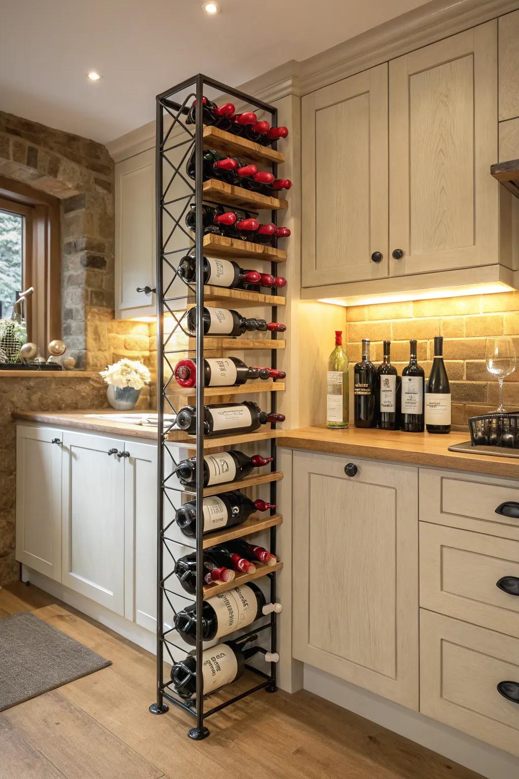 A corner wine storage brings sophistication and storage together.