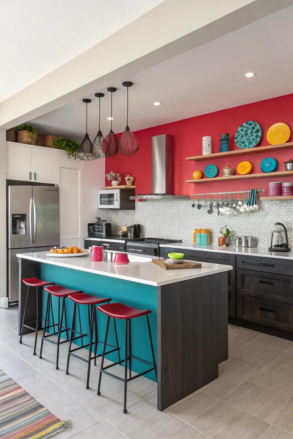 A vibrant splash of color brings vivacity and character to the kitchen.