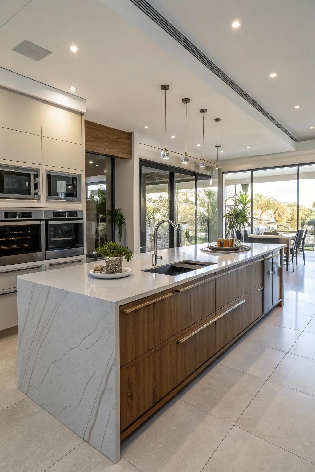 A streamlined kitchen island showcasing smart appliance integration.