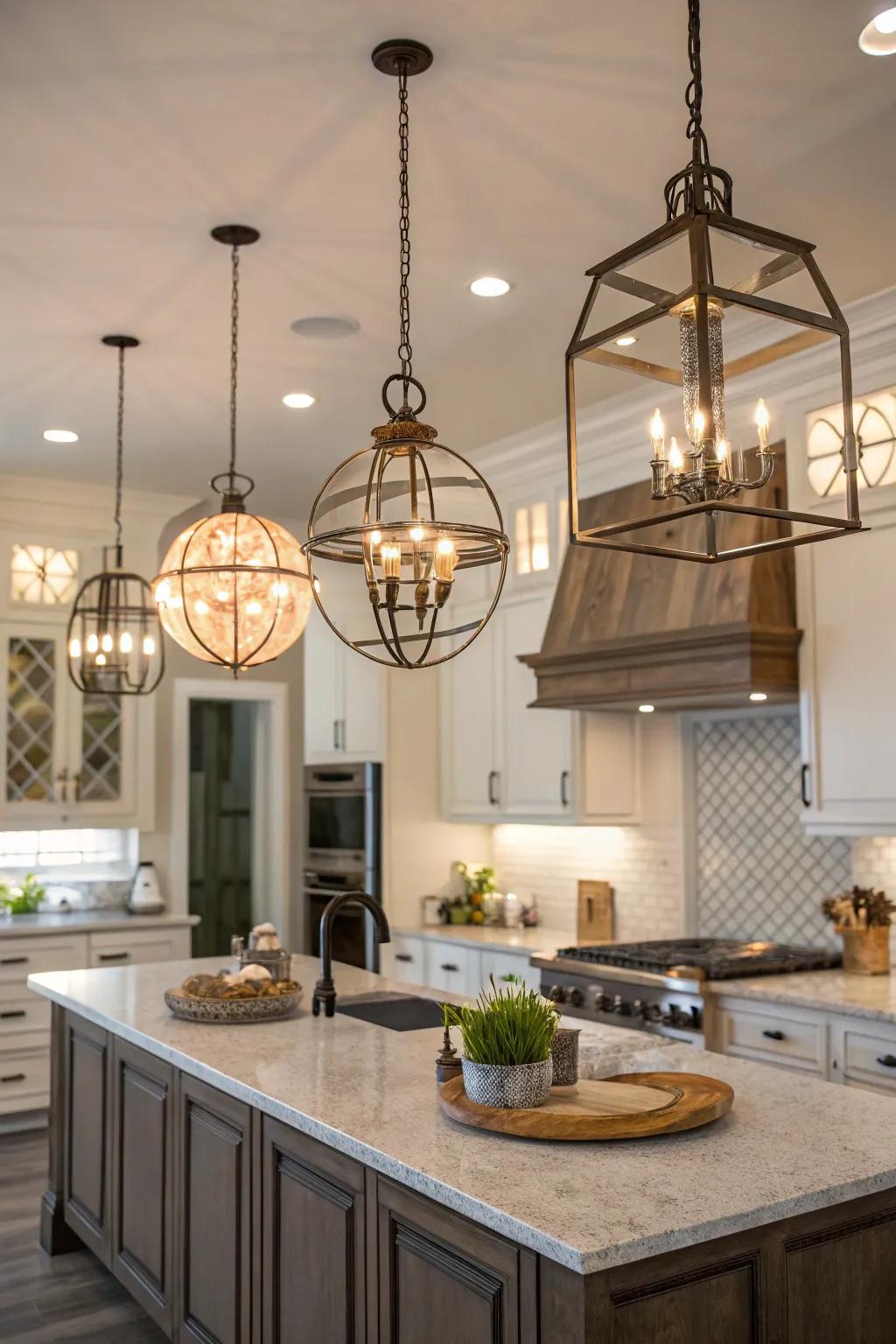 A mix of different shapes adds depth and dynamism to this kitchen's lighting.