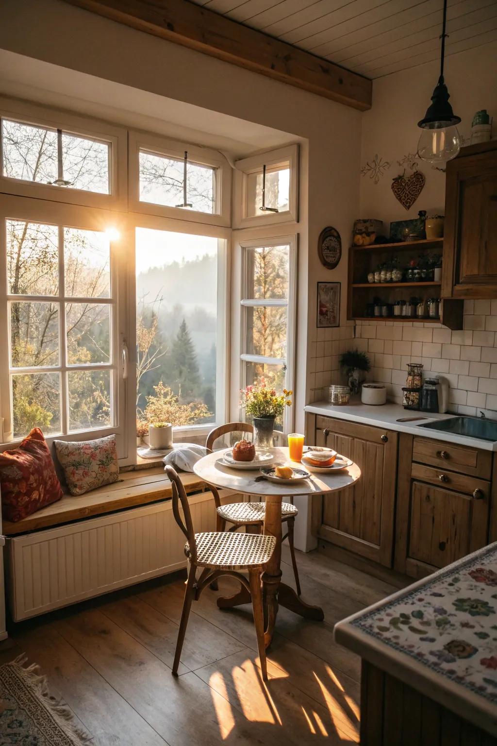A kitchen featuring a cozy breakfast spot with a view.