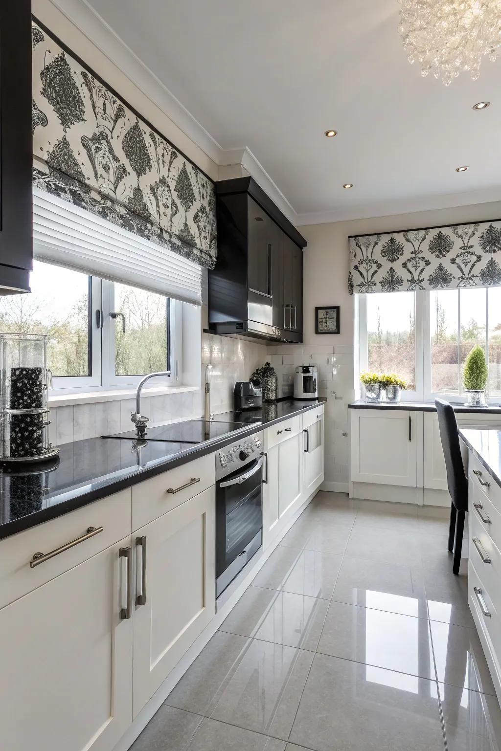 Monochrome blinds provide subtle sophistication.