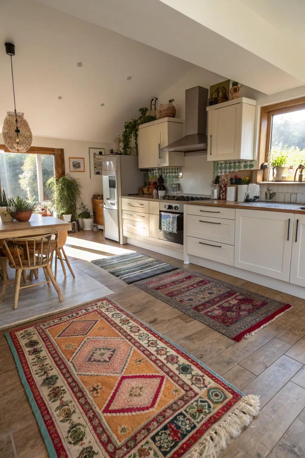 Carpets can effectively define areas in open kitchens.