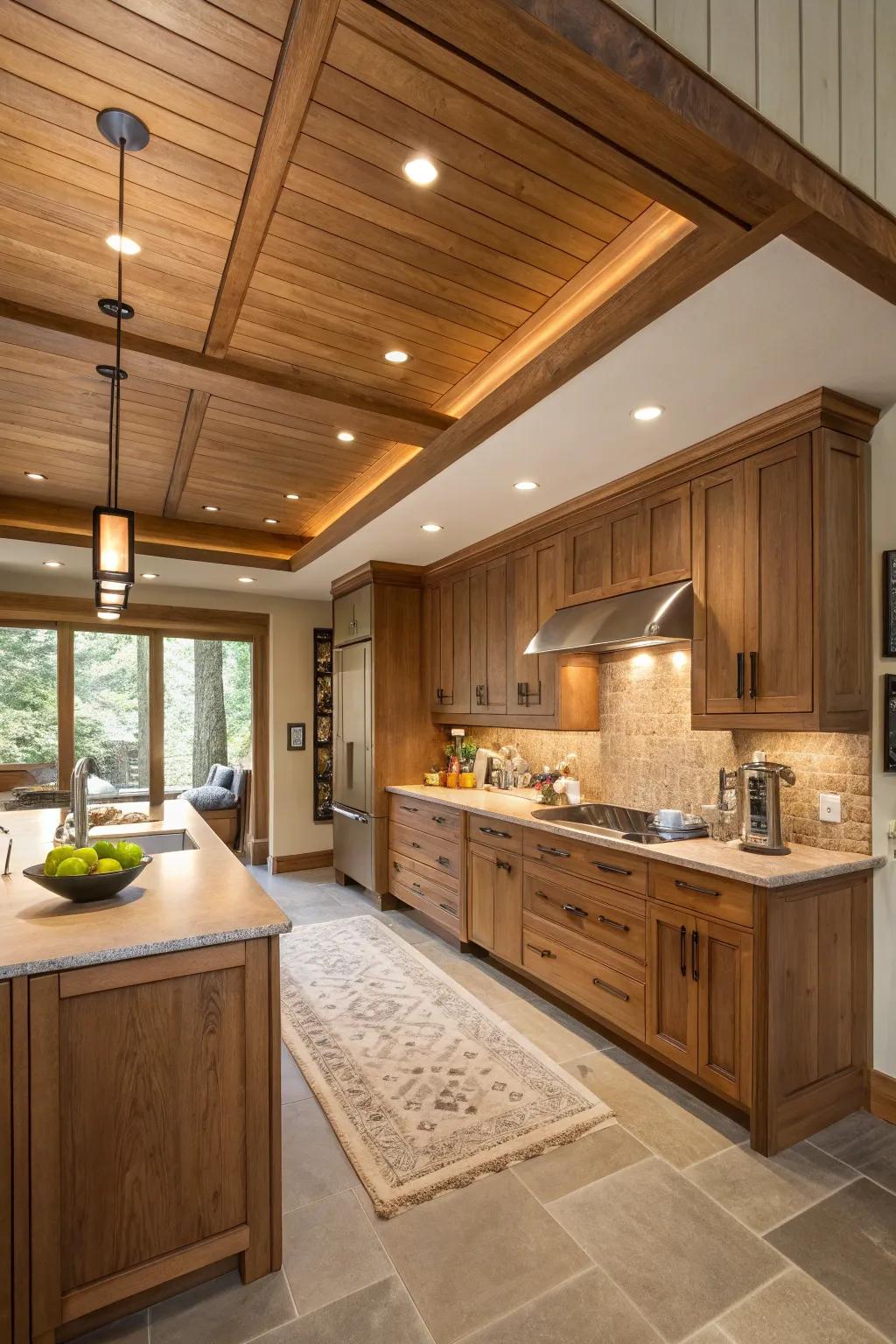 A soffit covered in wood veneer gives the kitchen a warm and unified design.