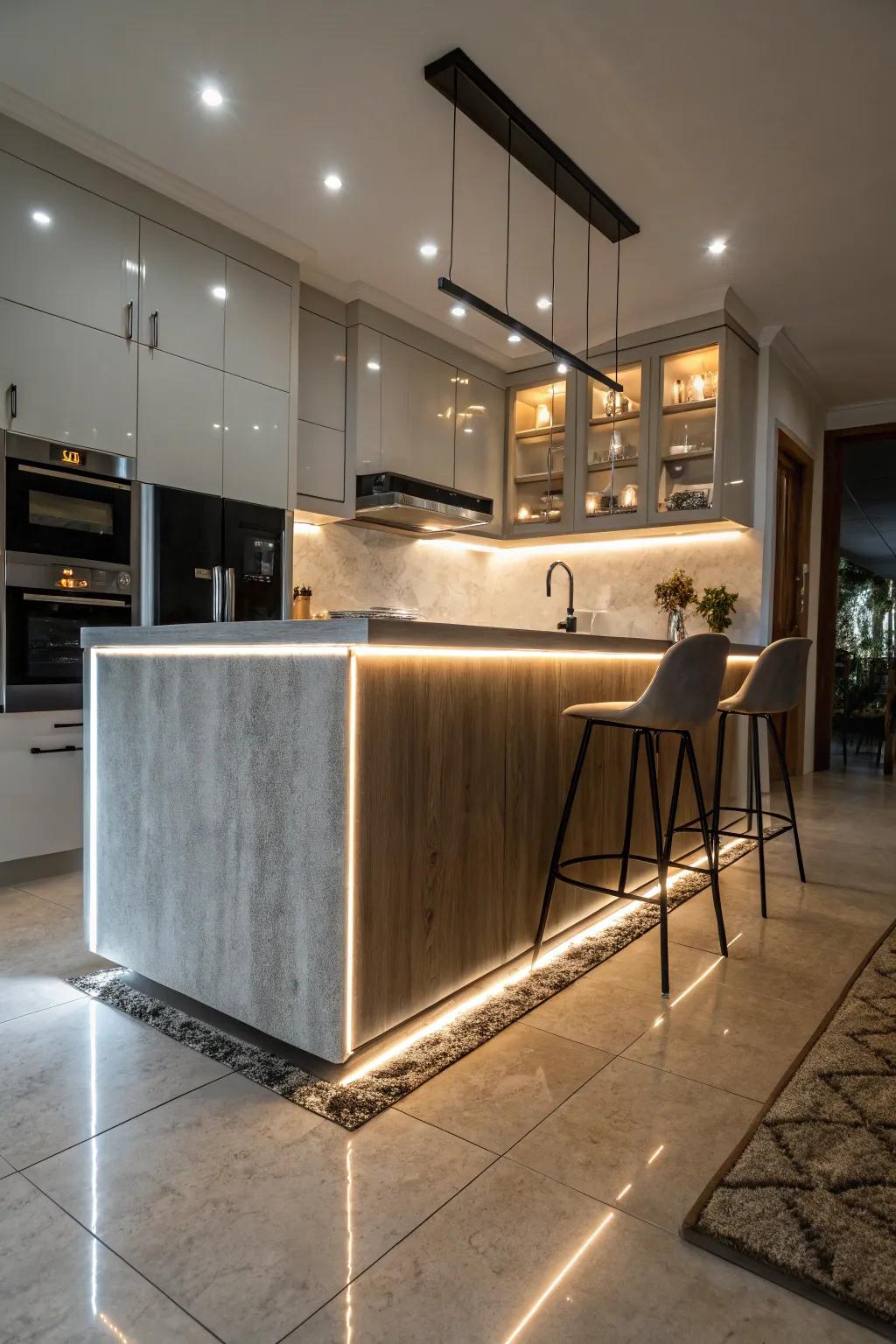 Make your kitchen island the star of the show with thoughtfully placed underside lighting.