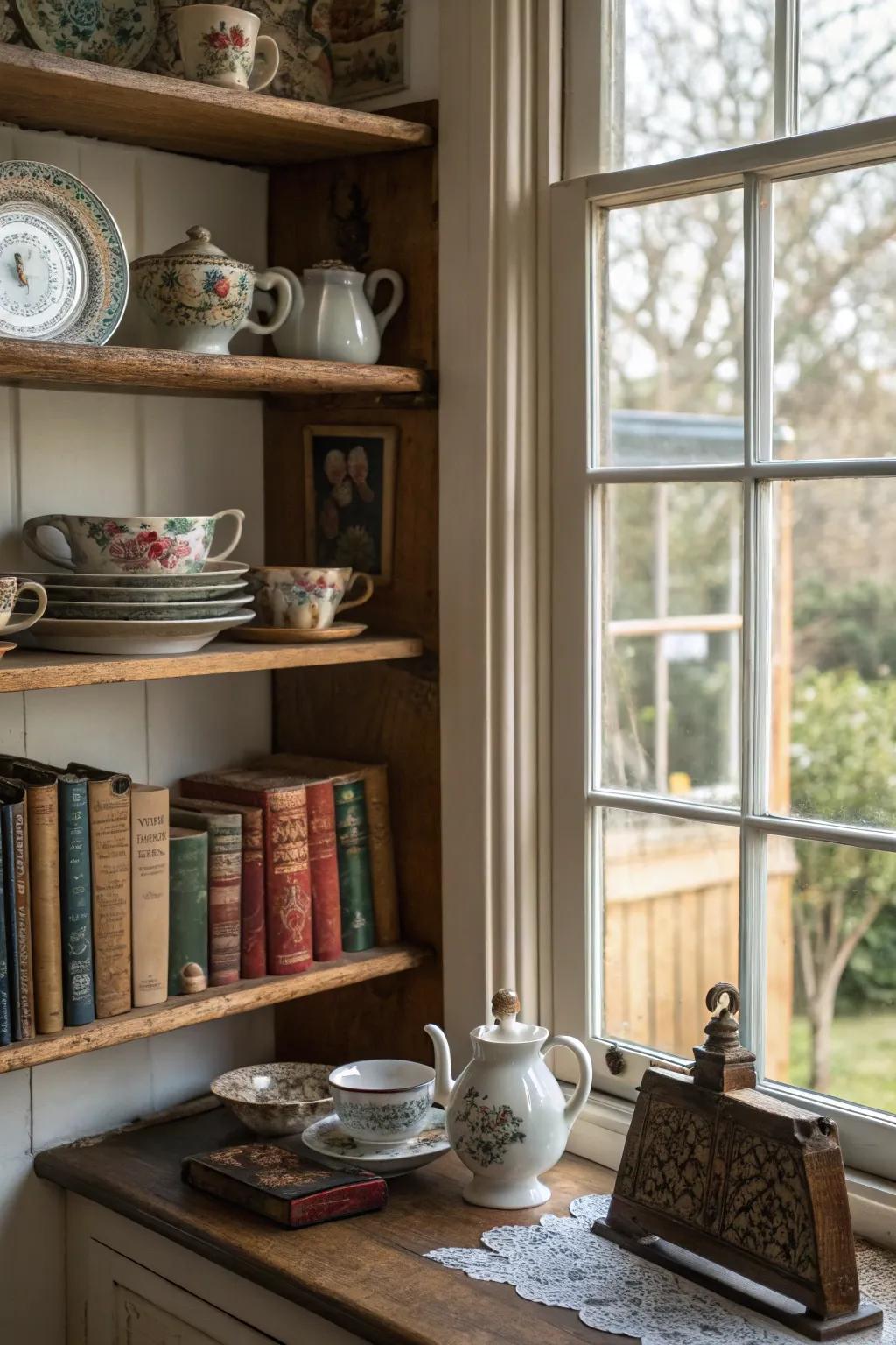Antique treasures introduce nostalgia and character to kitchen window boards.
