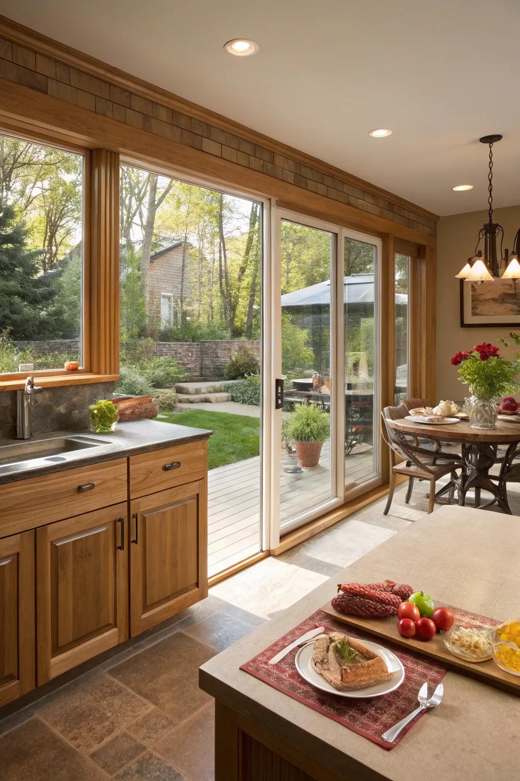 A kitchen with service windows leading to an inviting patio.