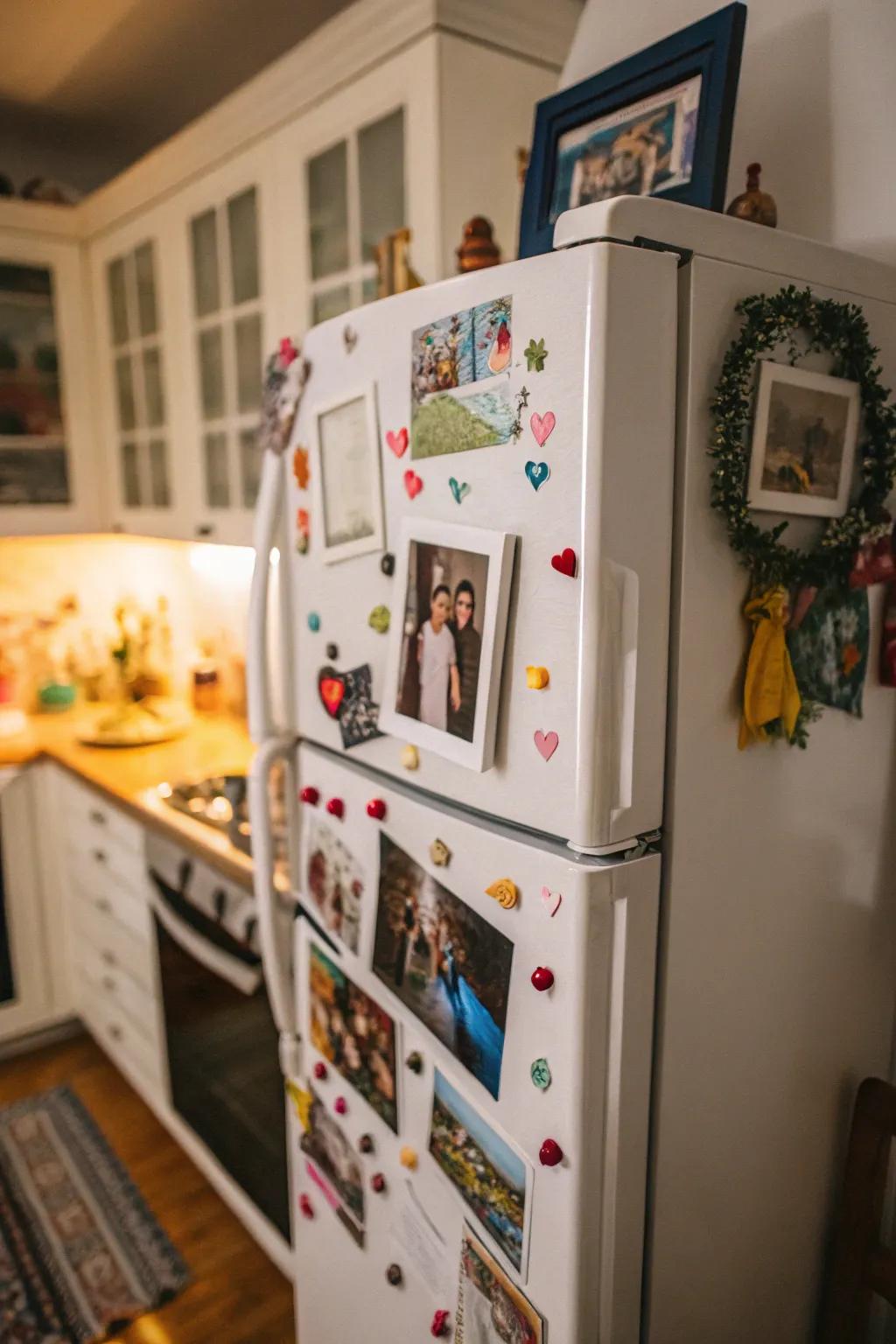 A refrigerator bedecked with magnets and photographs, bestowing a personal and artistic signature upon the kitchen.