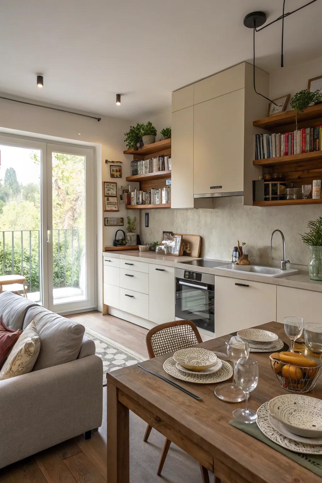 A cooking area with a settee and dining surface, offering multifunctional use for dining and unwinding.
