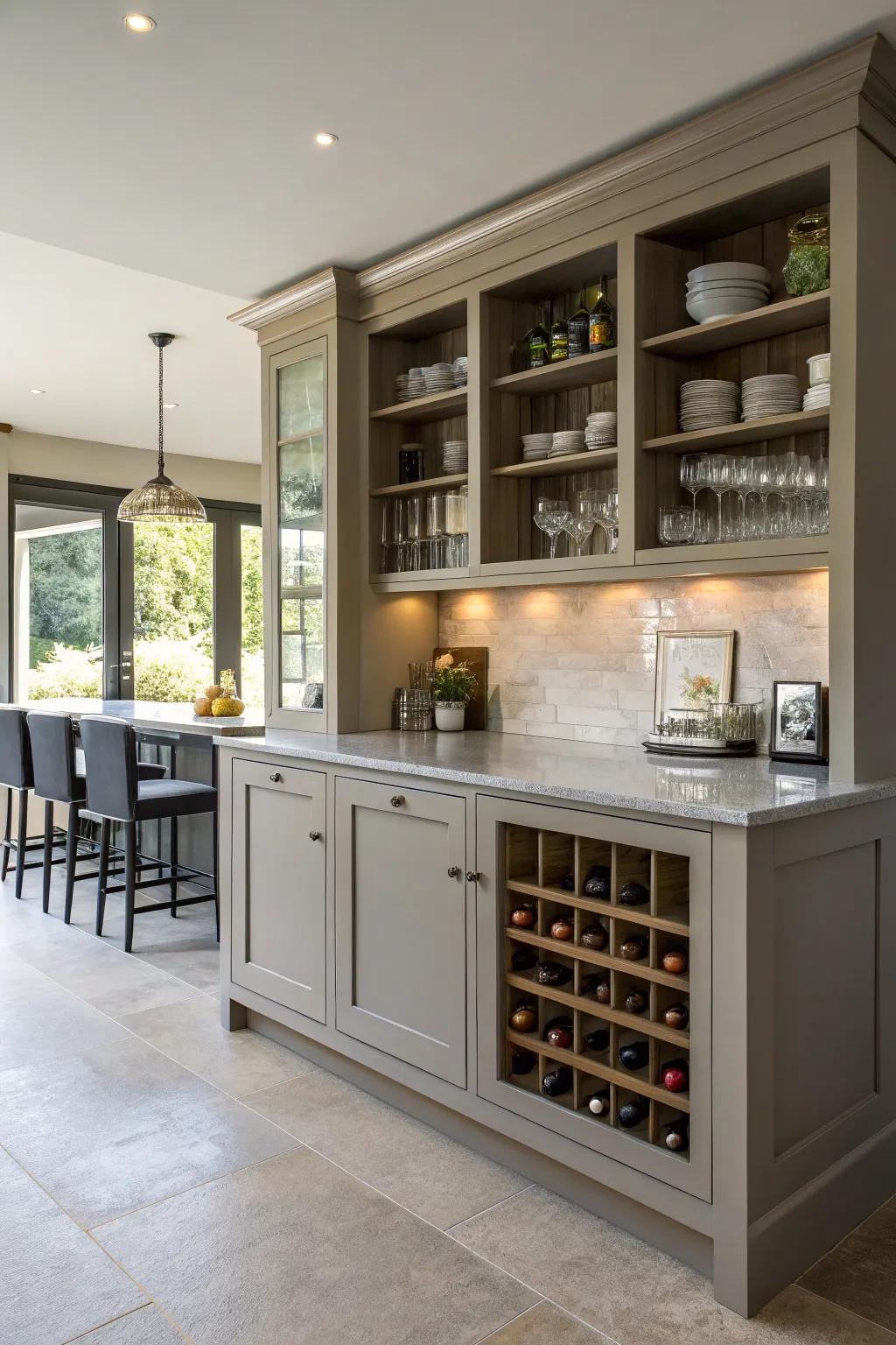 A functional breakfast bar showcasing useful shelving and storage solutions.