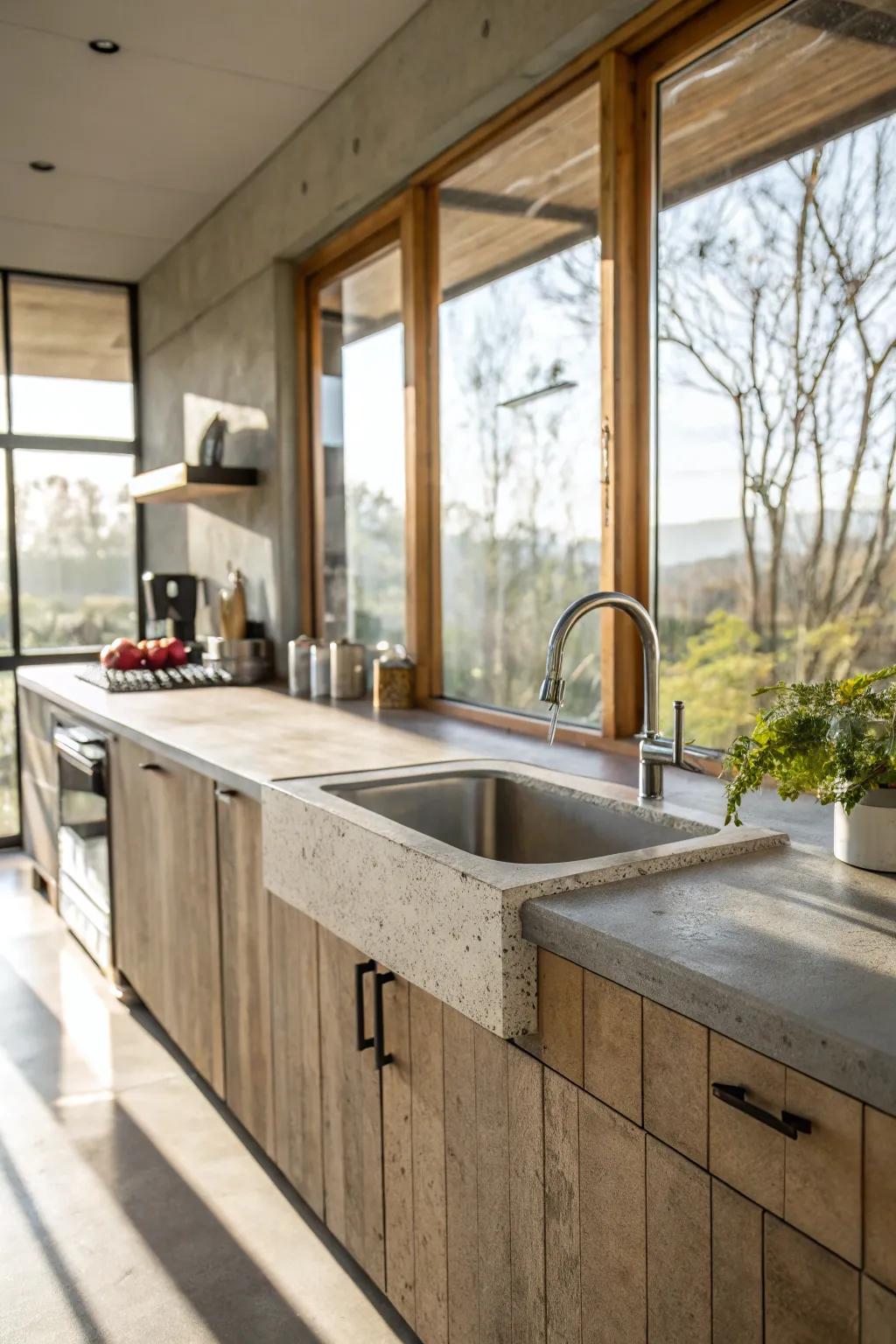 A kitchen with concrete worktops illuminated by abundant sunlight.