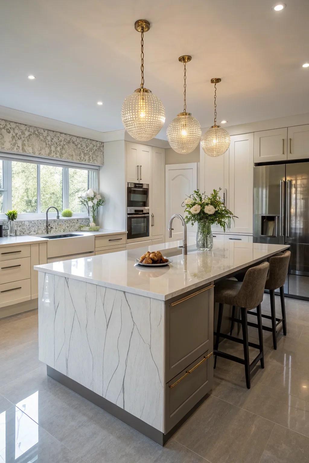 A striking quartz island assuming the role of the kitchen's focal point.