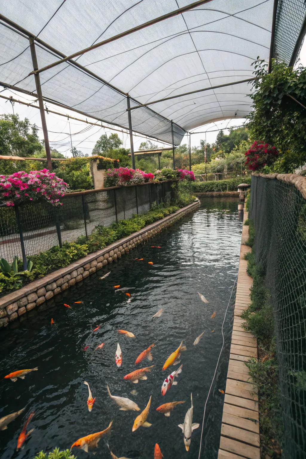 A koi pond with fencing and roofs casting shadows.