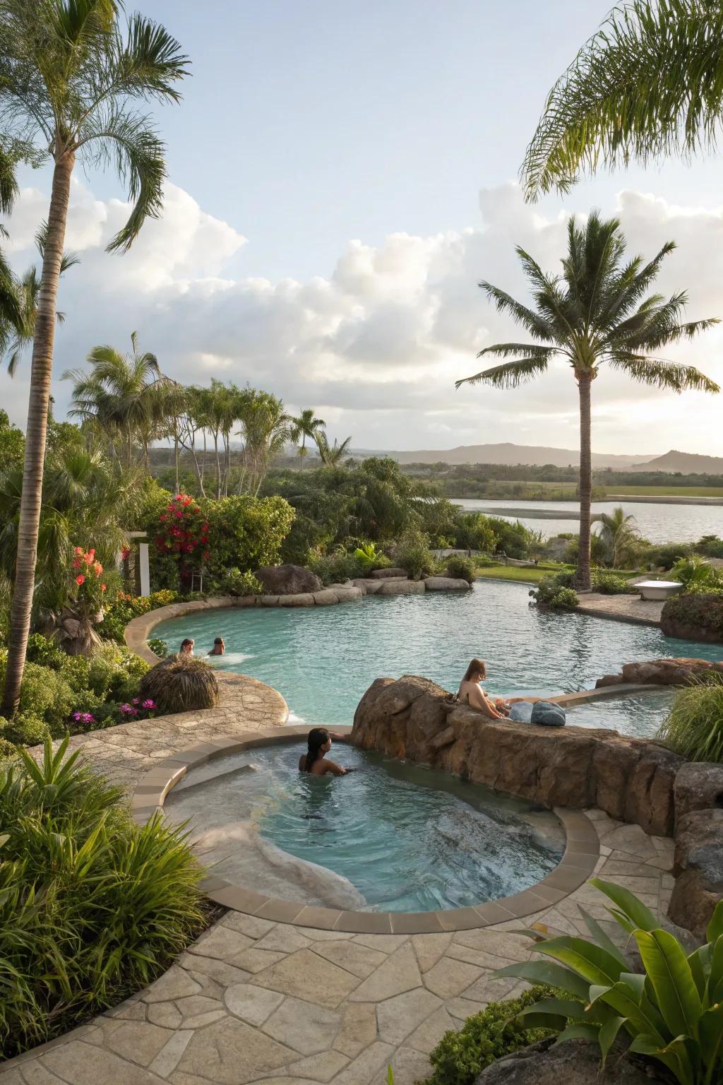 Integrated spas provide a restful retreat within lagoon pools.