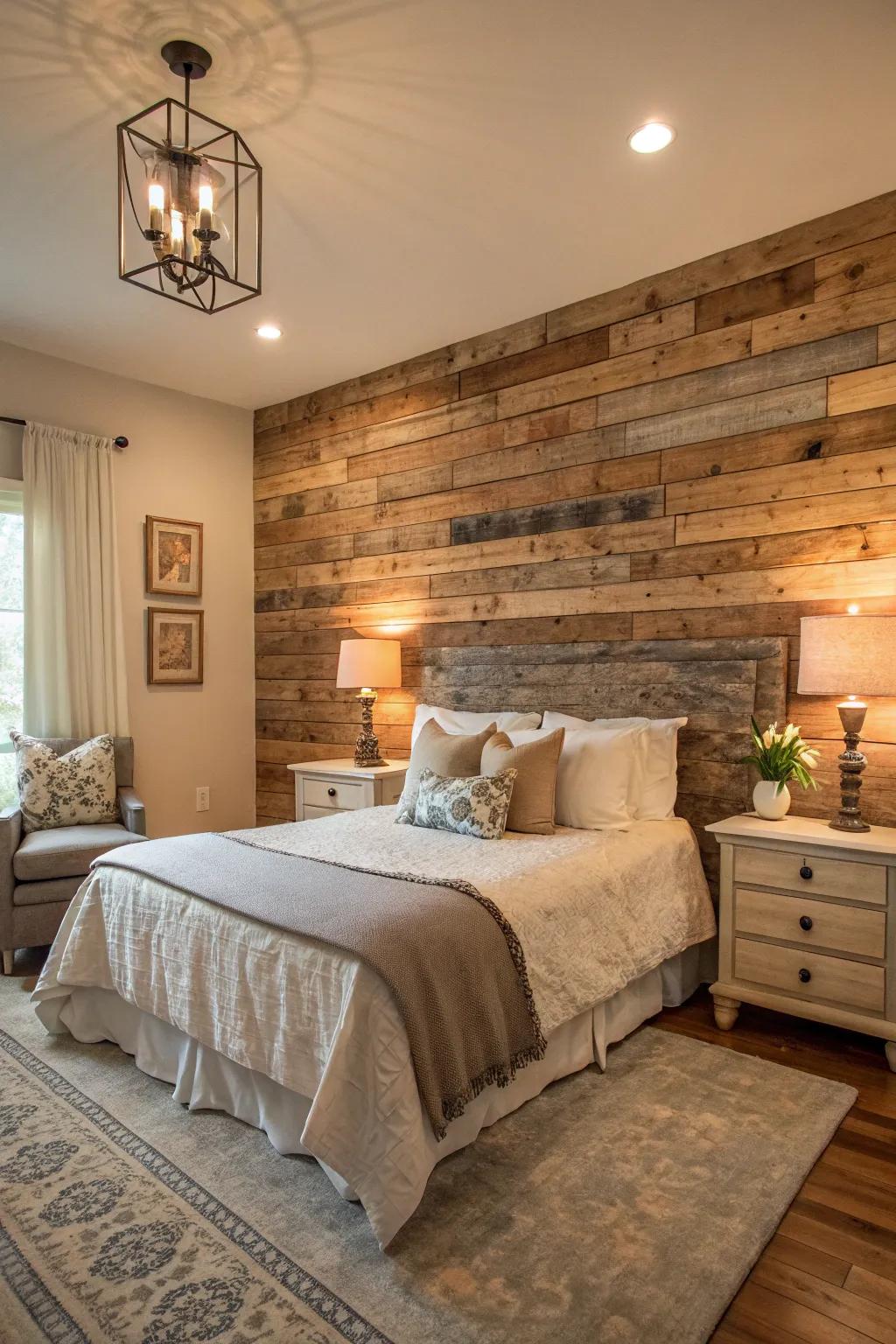 A feature wall adds character and dimension to the bedroom.