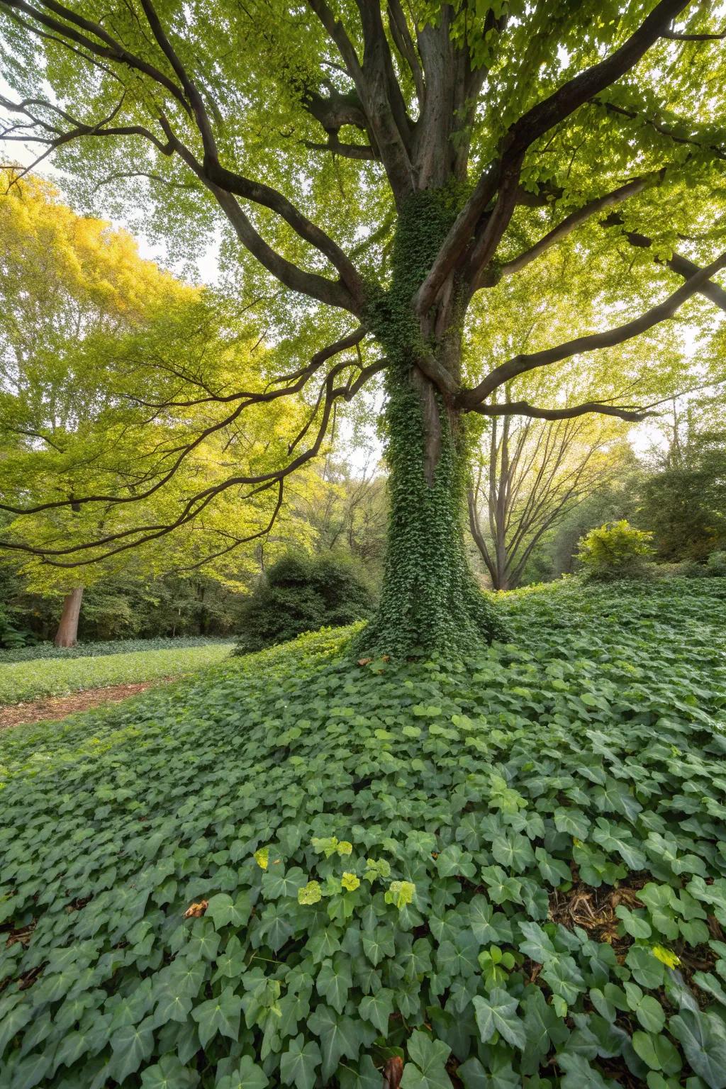 Undergrowth fashions a verdant, effortless foundation for trees.