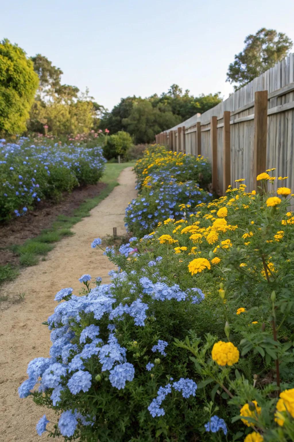A garden exhibiting a captivating mix of azure Skyflower and golden marigold blossoms.