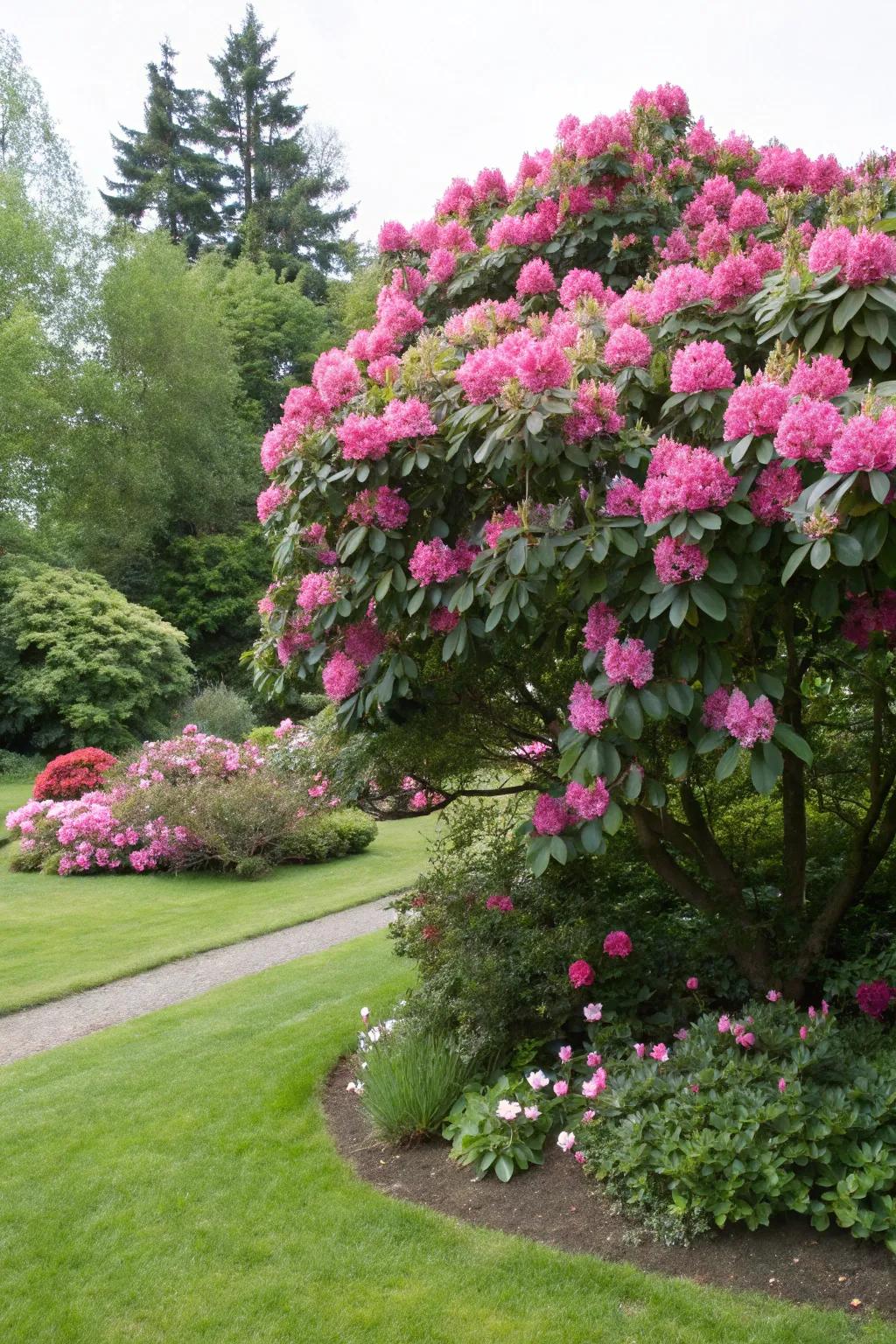 An imposing rhododendron functioning as a garden's focal point.