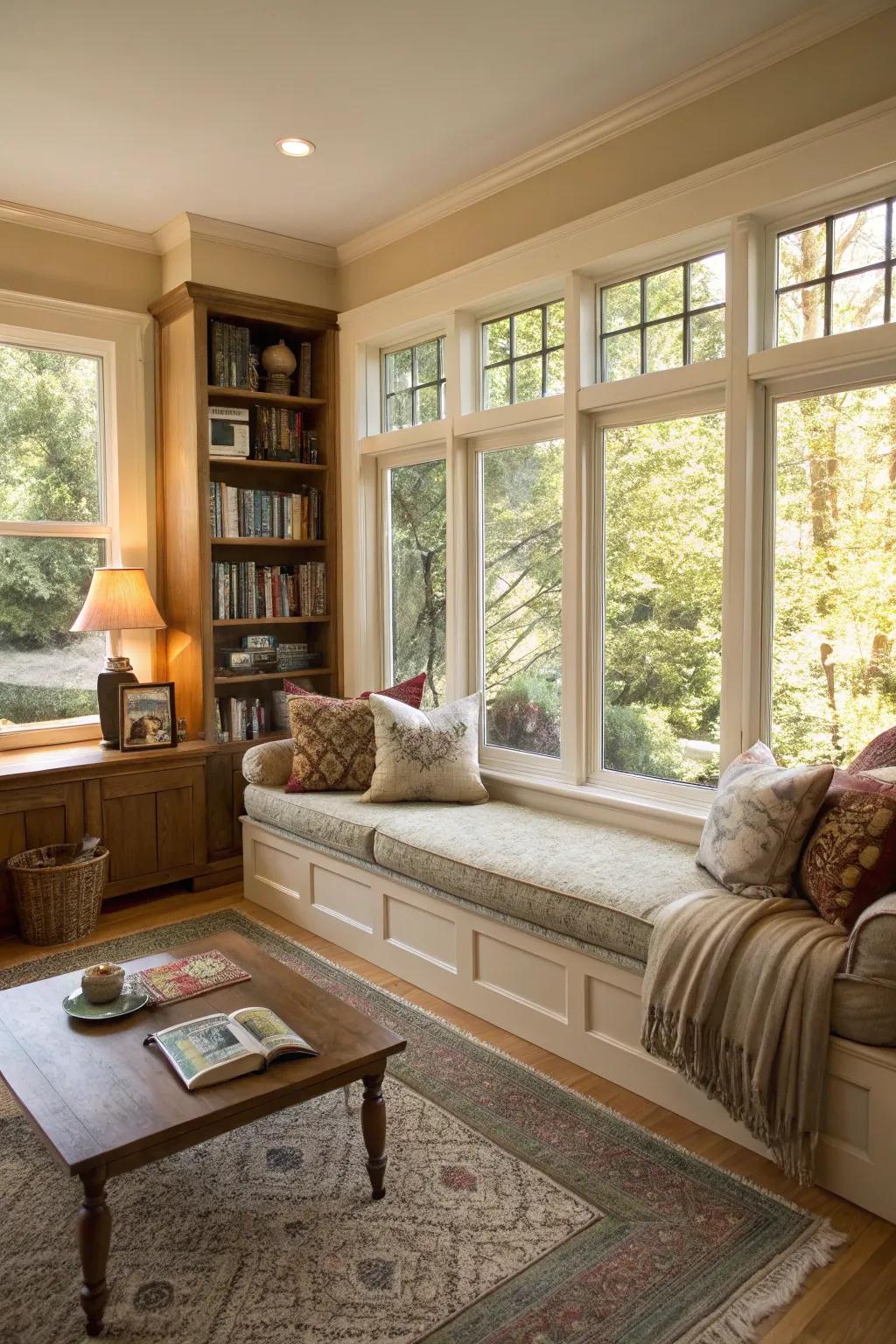 A snug window seat perfect for relishing the vista or unwinding with a book.