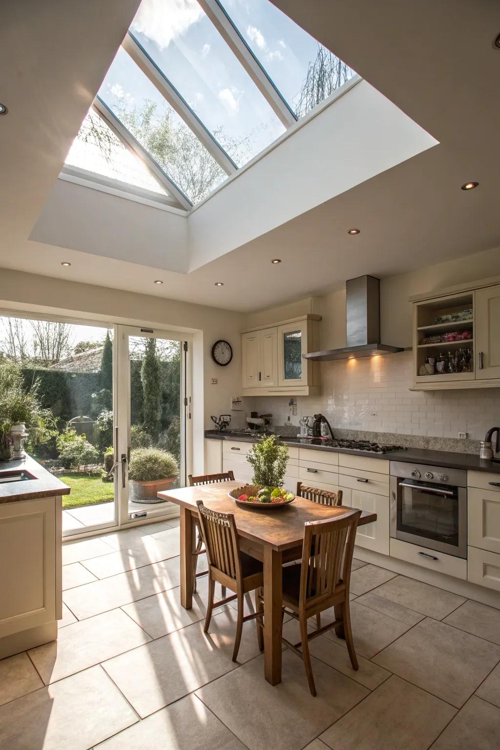 A kitchen enhanced with natural light from a large light well.