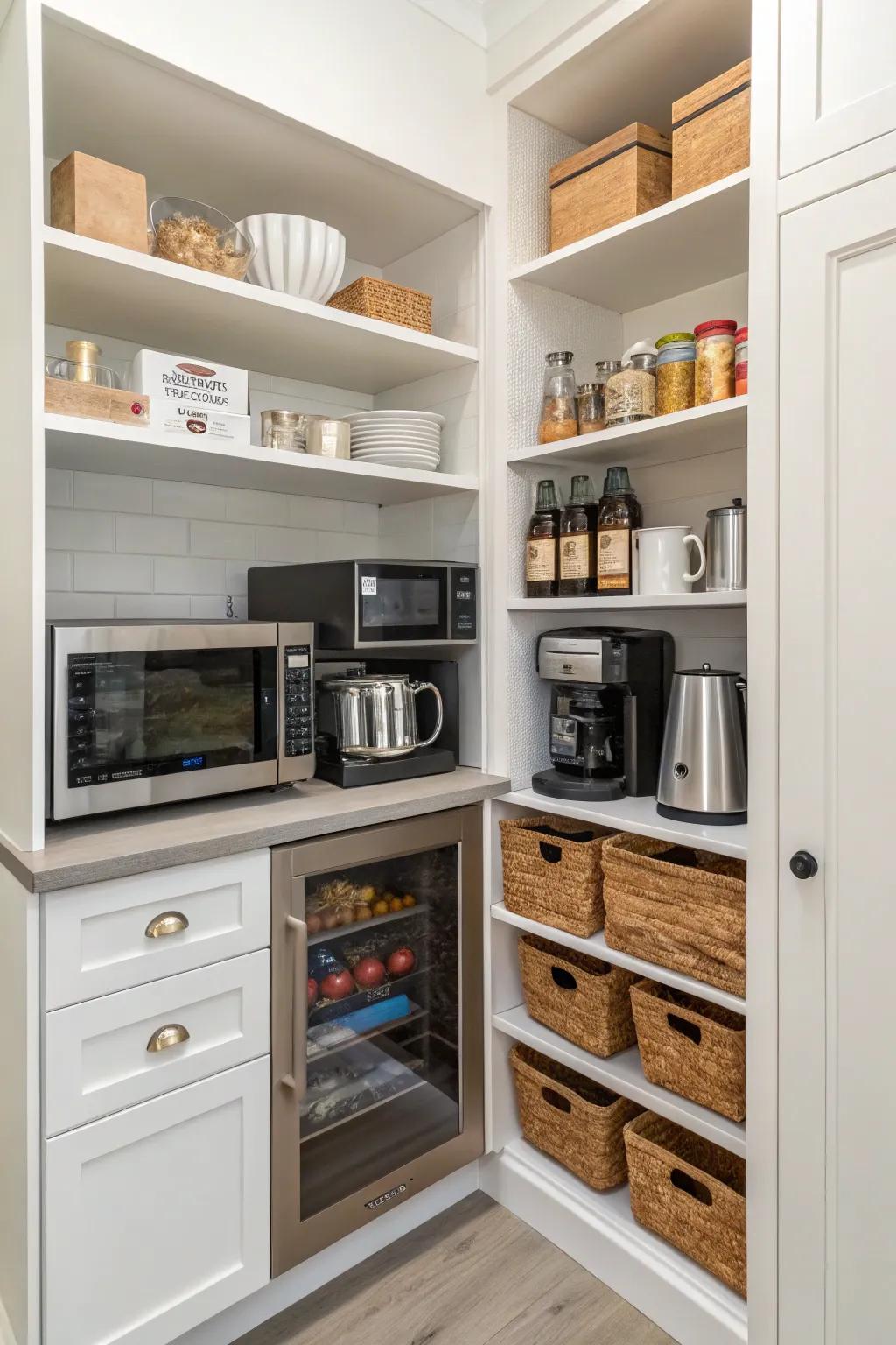 Integrated appliances enhance pantry convenience.