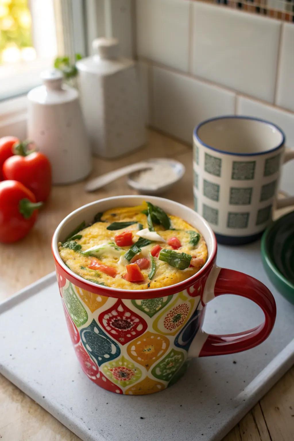 Quick and simple warmed mug omelette for late-night cravings.