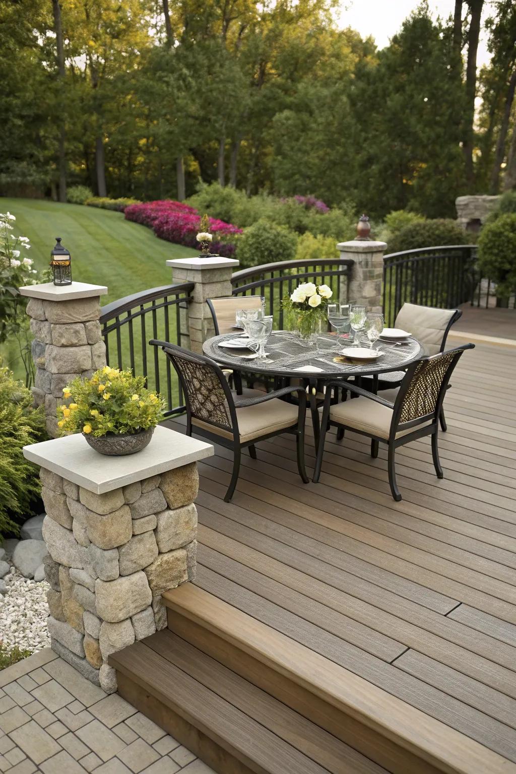 Artificial rock boards add luxury and elegance to this outdoor dining space.
