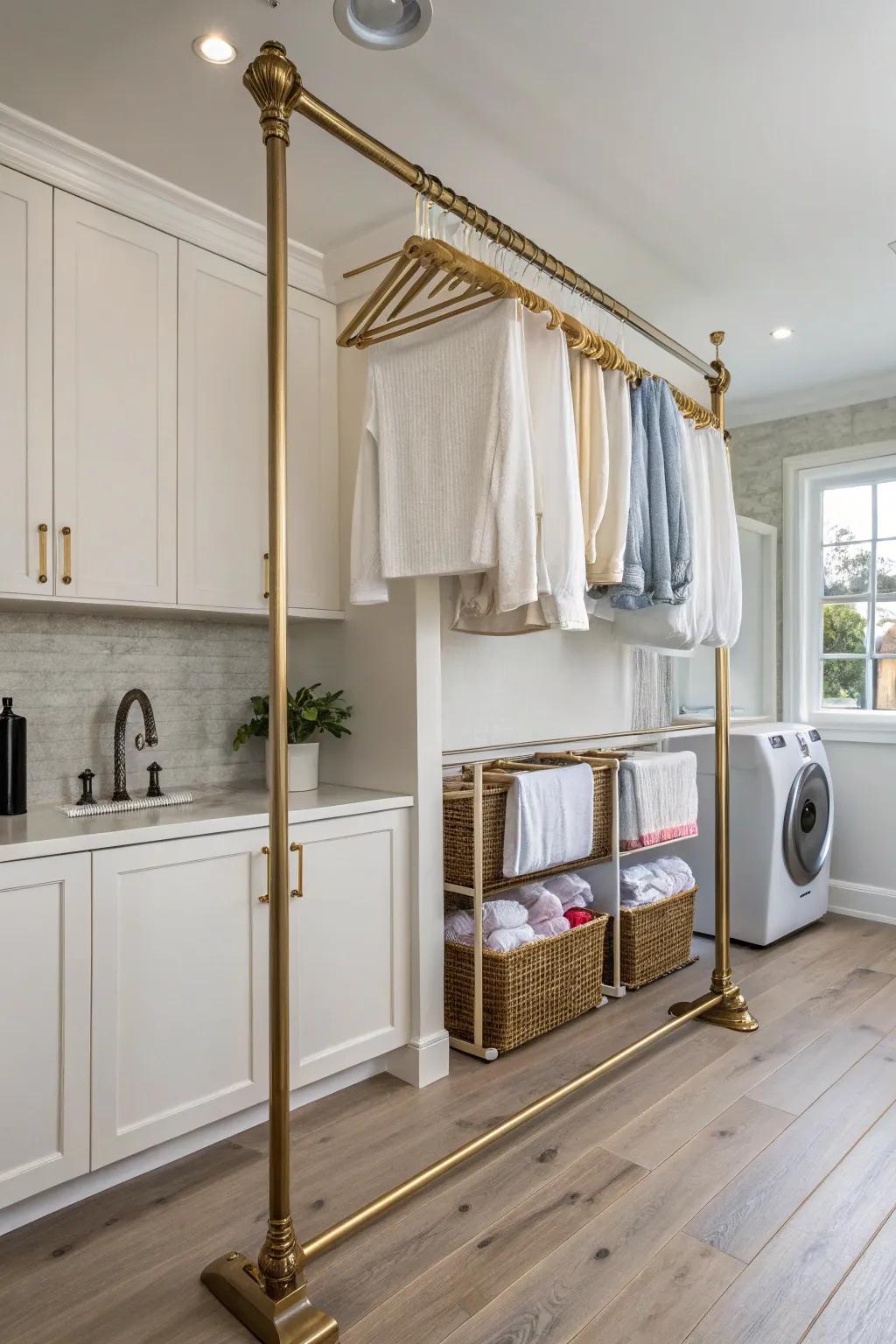 A chic hanging rail makes drying clothes simple.