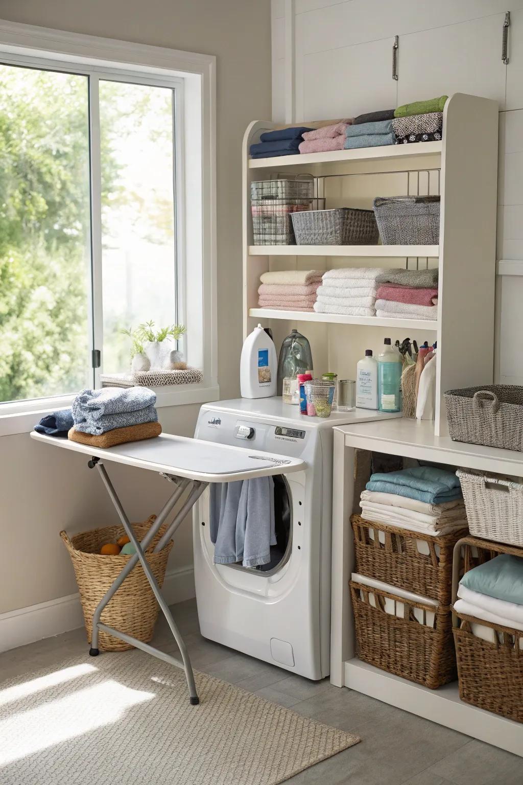 A wall-affixed board provides a versatile folding station.