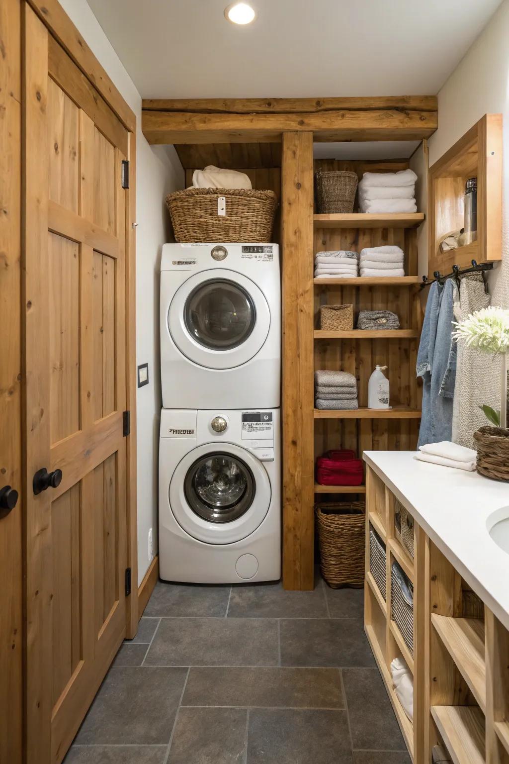 Contribute warmth to the laundry zone via the inclusion of organic wood aspects.