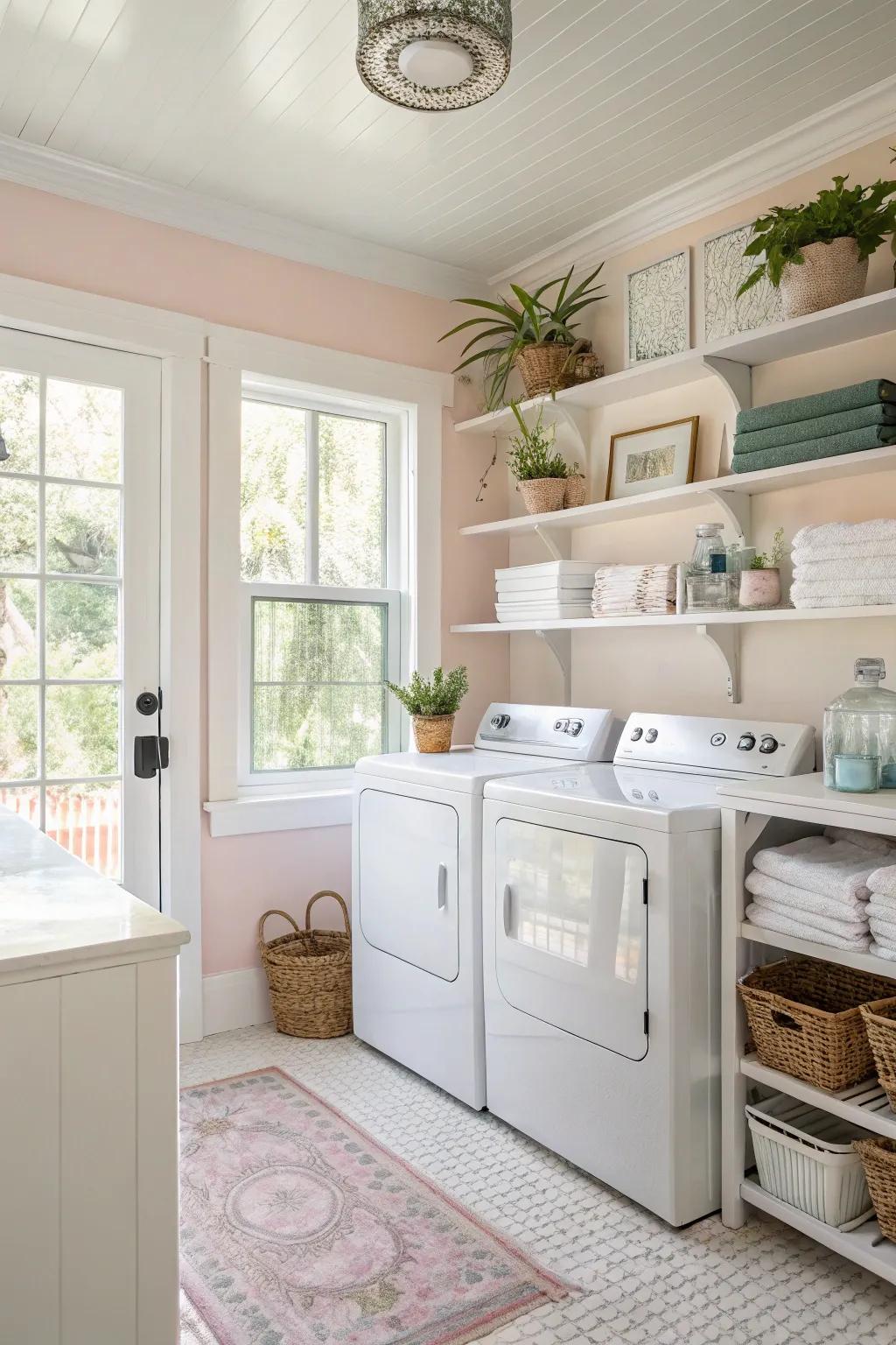 An open and airy ambiance is produced by light colors and natural light.