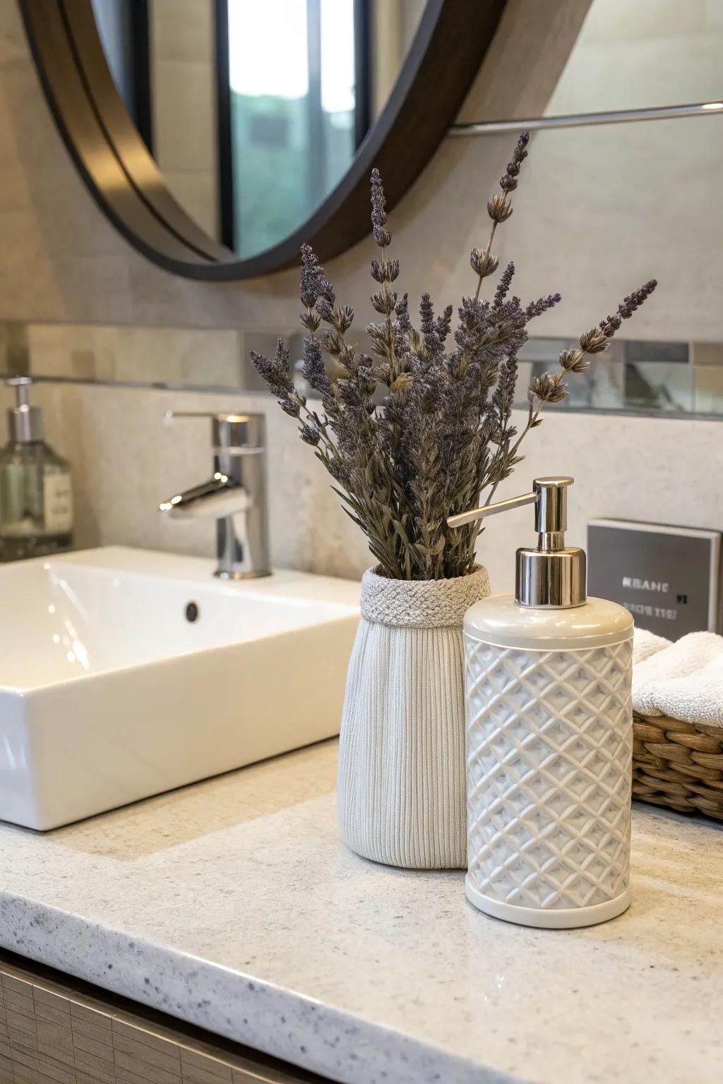 A spa-like atmosphere achieved using lavender in the bathroom.