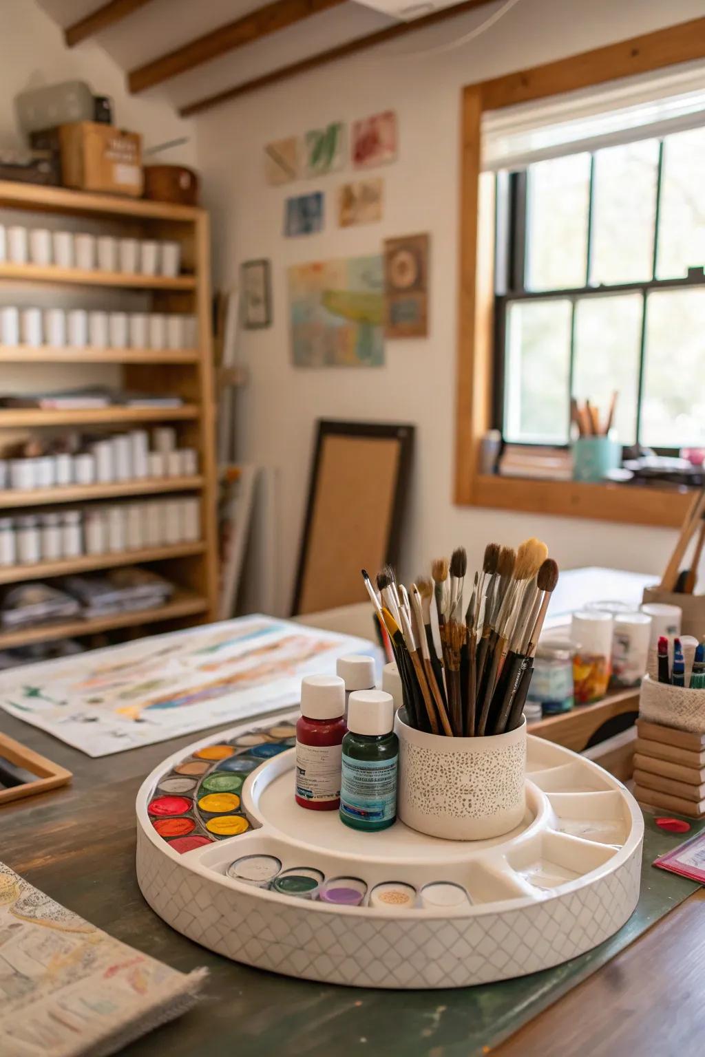 You can keep your craft supplies arranged by using a Lazy Susan.